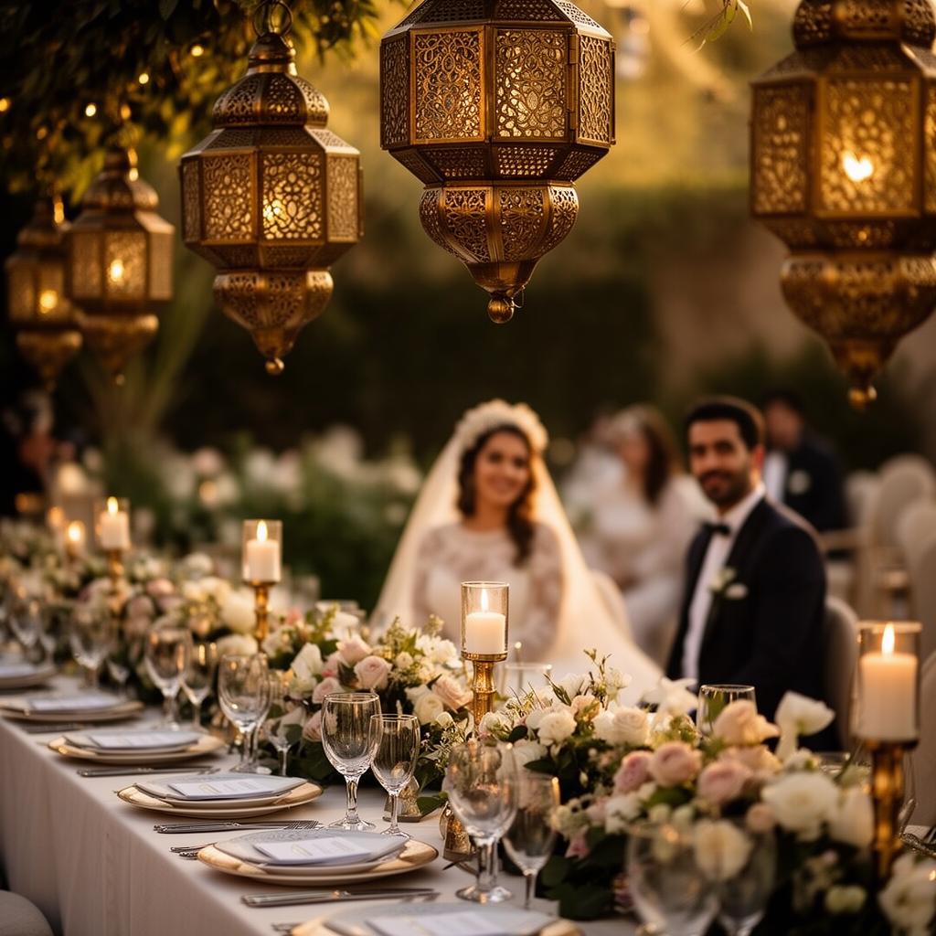 Middle Eastern wedding reception with ornate lanterns